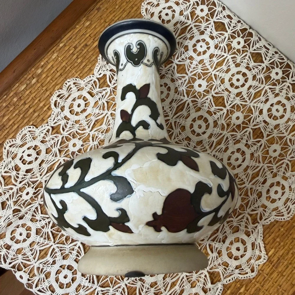 Ivory Crackle Glaze Bottle Vase Chinoiserie Olive Oxblood Vine 10